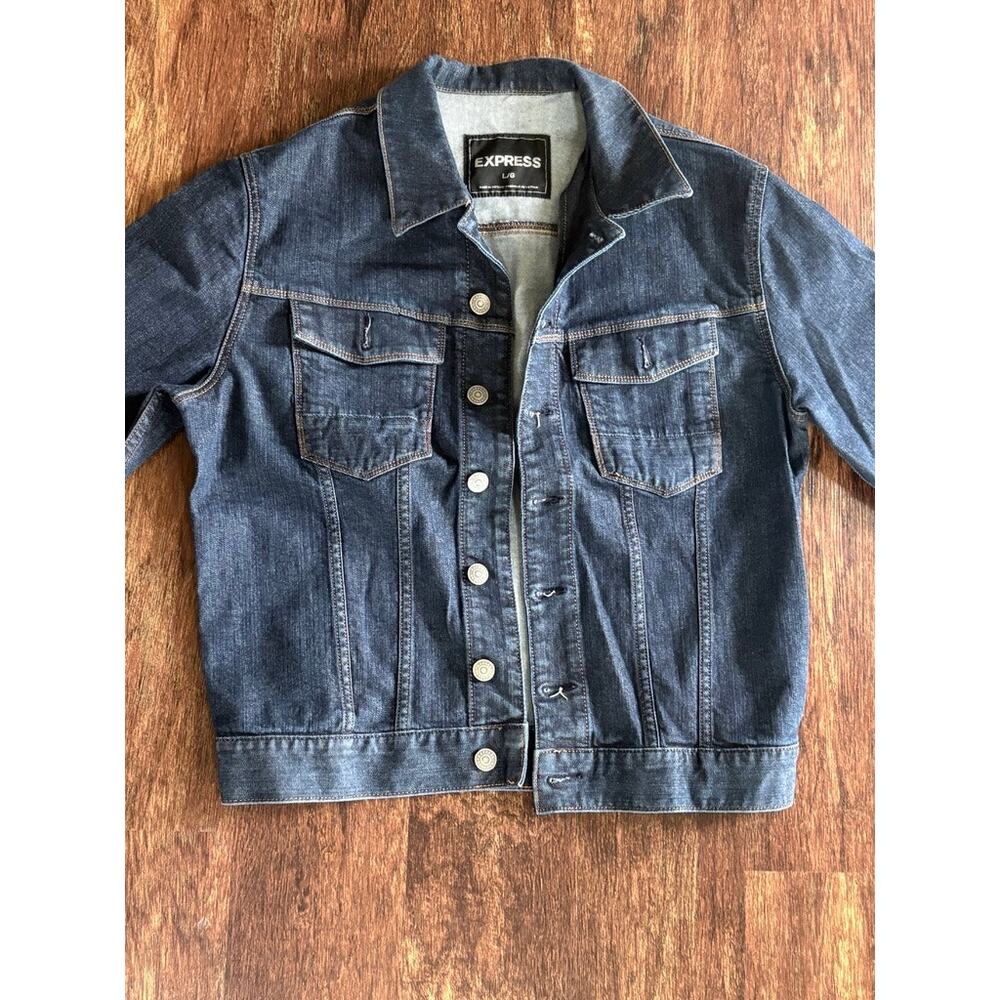 Express Men's L Dark Wash Stretch Dark Indigo Denim Trucker Jacket GUC